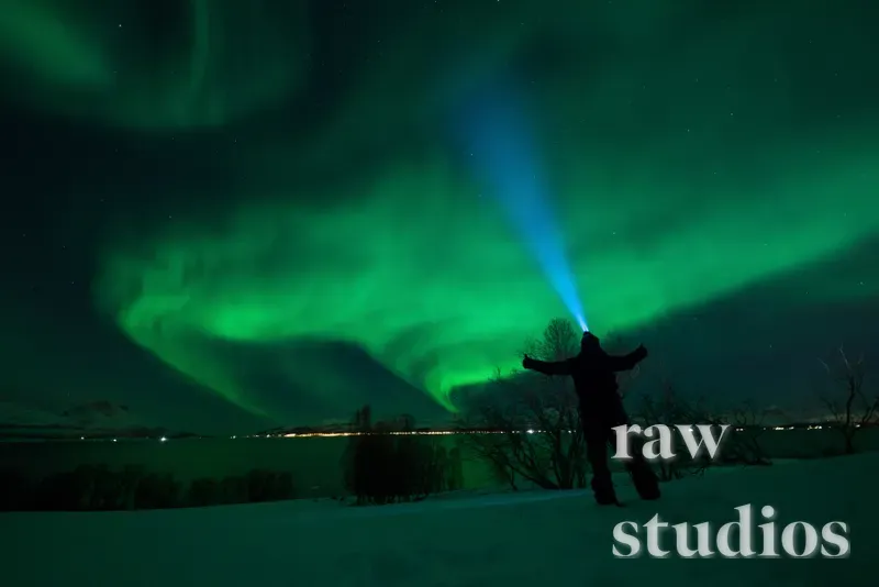 Silhuett av en person som lyser med en blå lykt mot et grønt nordlys i et snødekt vinterlandskap. Det arktiske nattelandskapet viser mørke trær, vann og fjerne lys ved kysten.