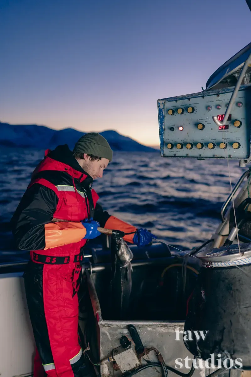 En mann i rød og svart arbeidsdrakt med oransje ermer arbeider på et fiskefartøy på åpent hav. Bakgrunnen viser snødekte fjell under en blå skumringshimmel, noe som gir en kald arktisk stemning ved kysten.