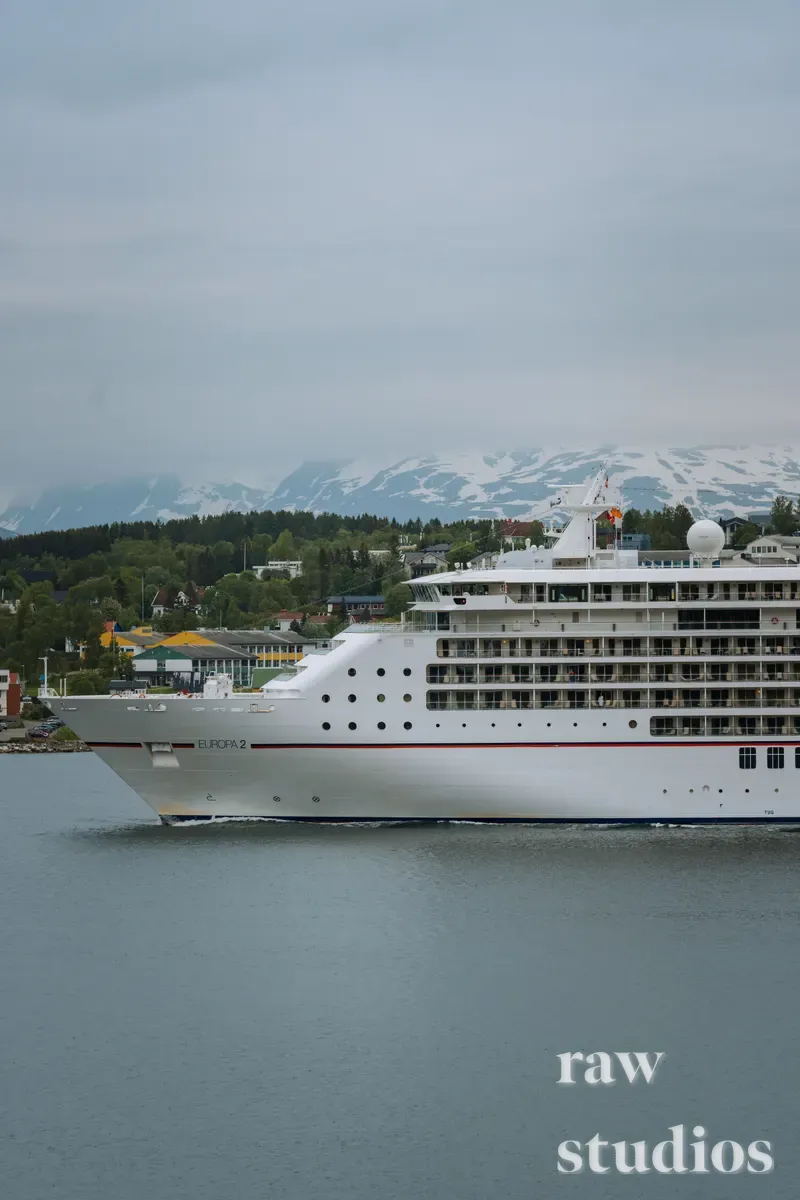 Et stort hvitt cruiseskip seiler på rolig sjø forbi en kystby med grønne trær og snødekte fjell. Landskapet har kjølige farger i blått, hvitt og grønt under en overskyet himmel.